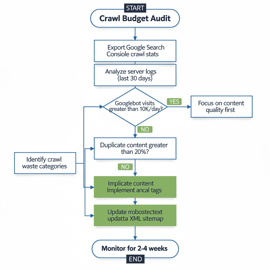 Flowchart outlining steps of a Crawl Budget Audit, including data export, analysis, content checks, and ongoing monitoring for 2-4 weeks to support crawl budget optimization.