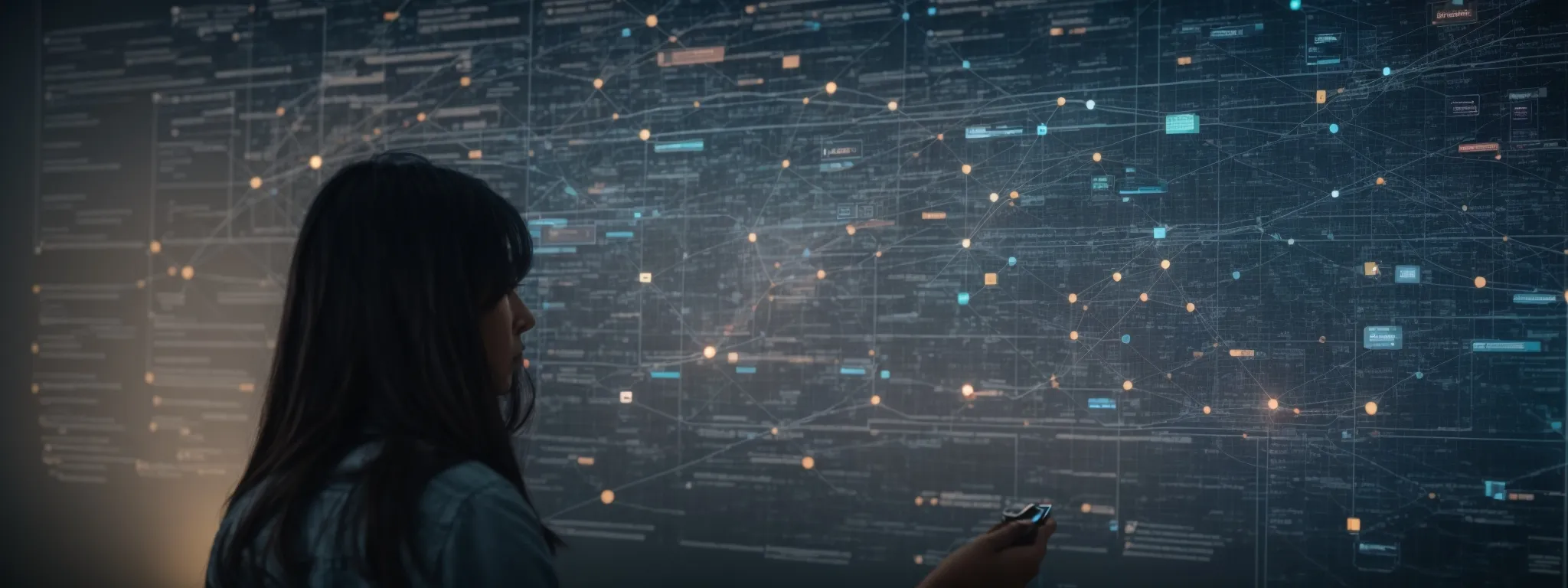 a marketer analyzes a complex flowchart on a digital screen showing the interconnected web of seo strategies.