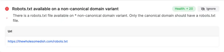 Screenshot showing a notification about robots.txt issues on a non-canonical domain variant, with a link to the robots.txt file at thewholesomedish.com.