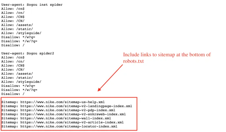 Screenshot of a robots.txt file with user-agent rules and a highlighted section showing multiple sitemap URLs at the bottom, illustrating proper robots.txt implementation.