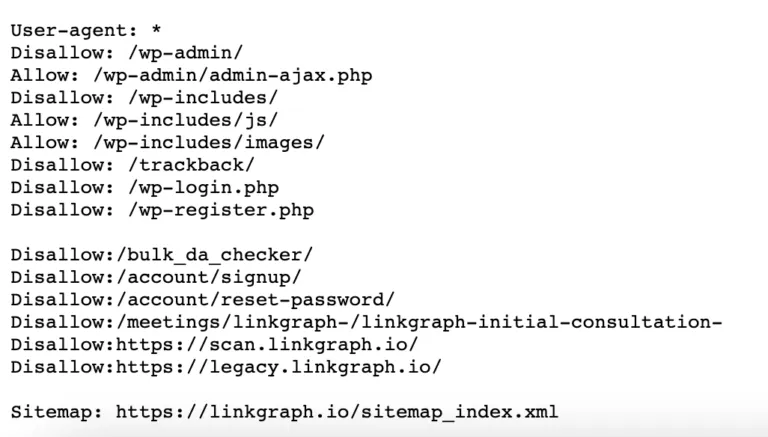 A robots.txt file detailing implementation, outlining allowed and disallowed WordPress and Linkgraph URLs, and addressing common issues, with a sitemap link included at the end.