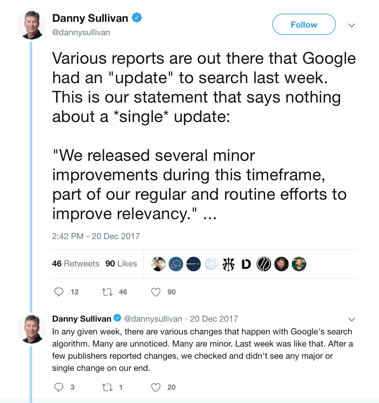 Danny Sullivan's Maccabees Tweets about how there are always multiple daily updates, no single update.
