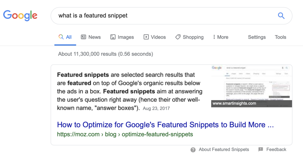 A screenshot of a search for featured snippets