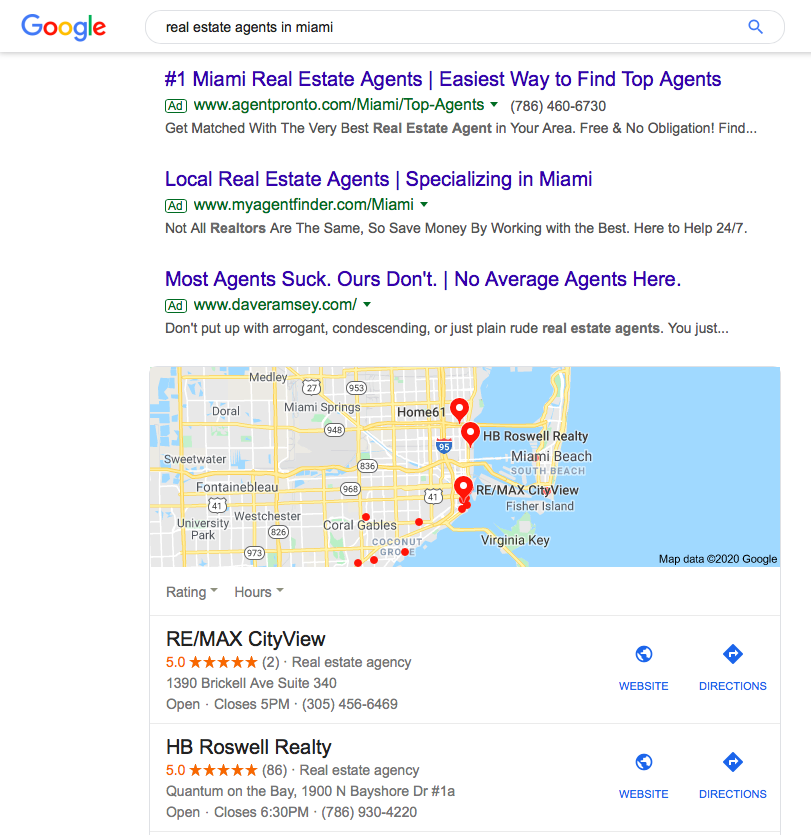 Screenshot of Google Search Results for "real estate agents in miami"