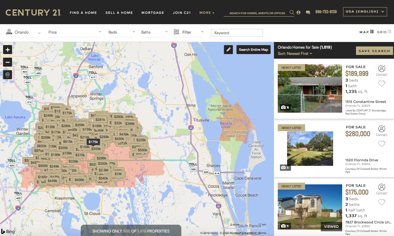Example of Century 21's map showing current real estate listings in orlando florida