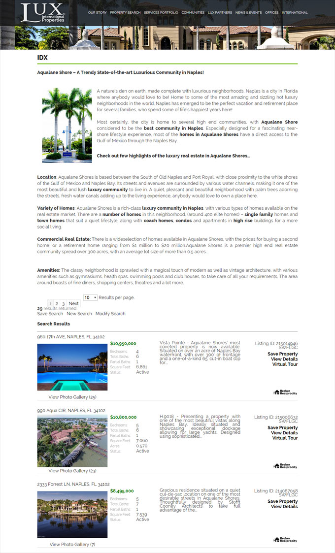 Example of a real estate's product page with various home listings