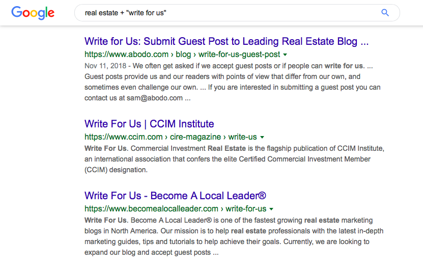 screenshot of Google SERP results for the keyword "real estate +"write for us""