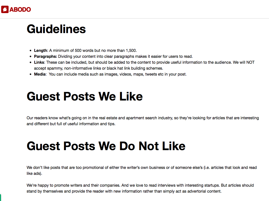 Screenshot of a website's guest posting guidelines