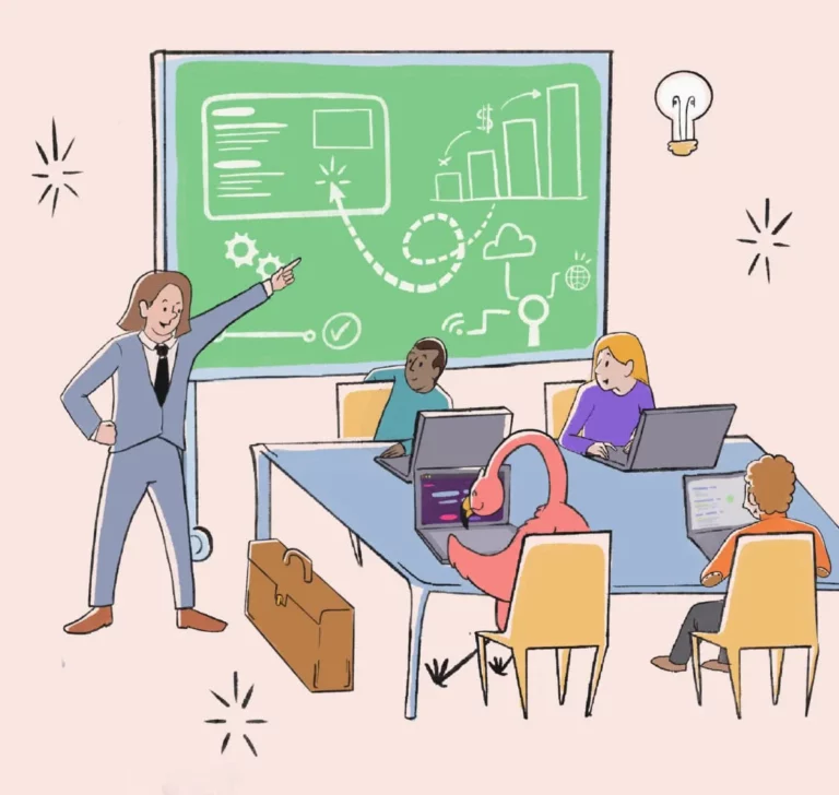 A corporate SEO team sitting around a table looking a chalkboard and discussing how to rank higher in search results