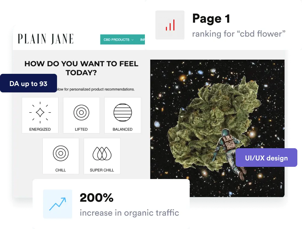 Plain Jane marketing vision board for UI/UX and SEO campaigns with compiled SERP data and movement metrics