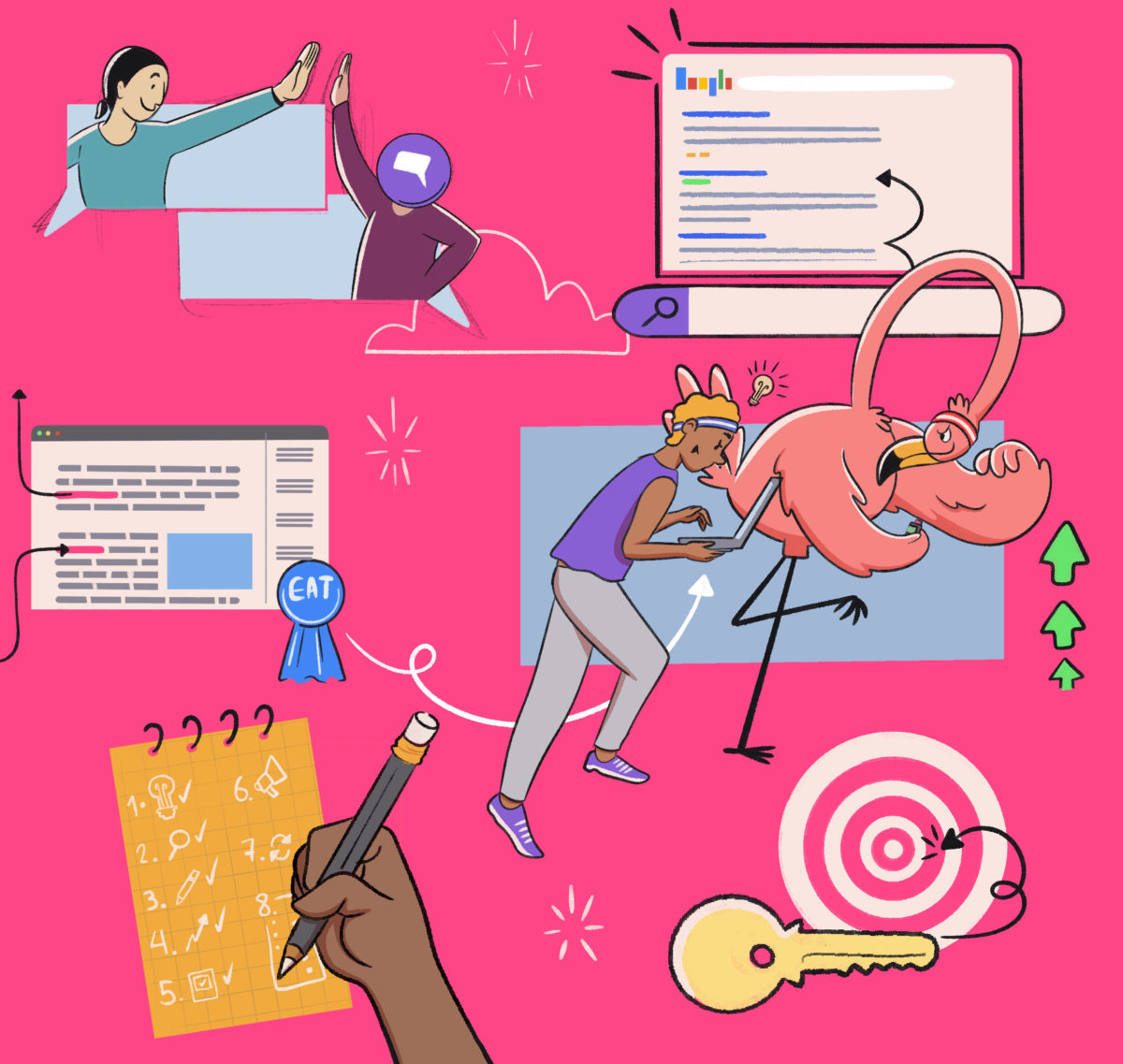 A pink background featuring a group of people collaborating on content development with a laptop.