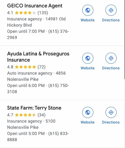 Screenshot of 3 local insurance agents