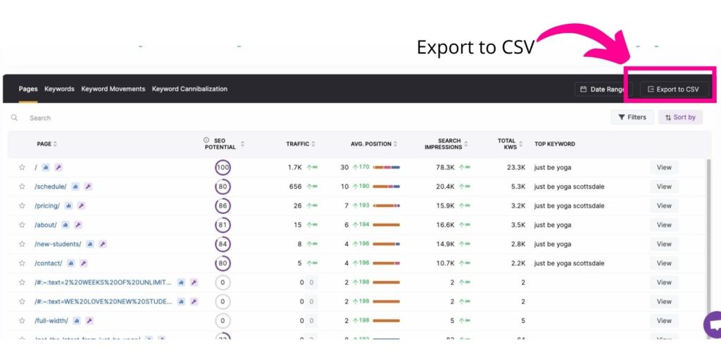 how to export to CSV screenshot in Search Atlas