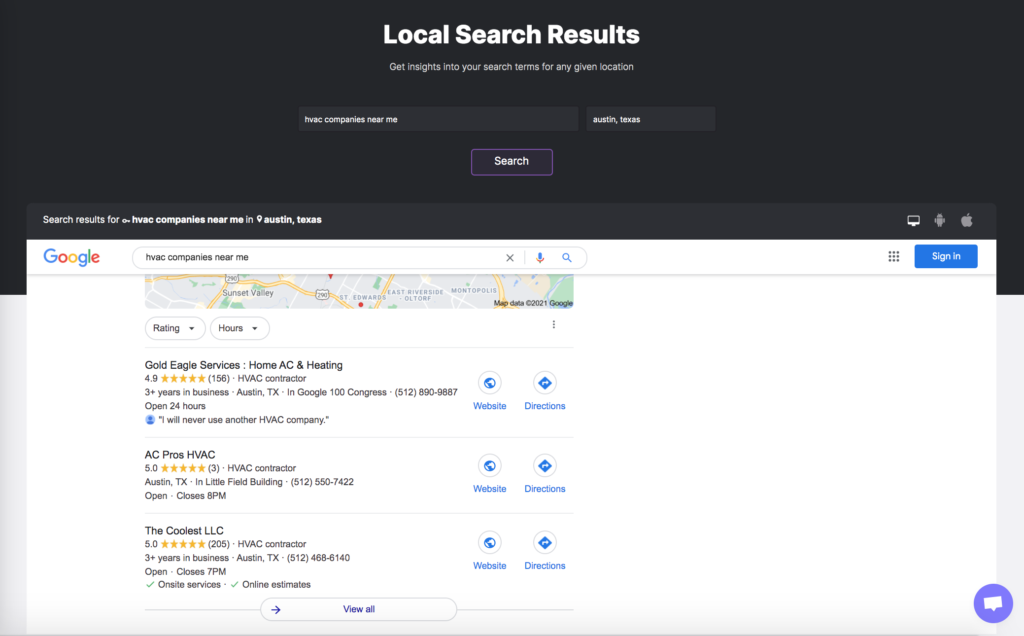 Local Search results tool from LinkGraph
