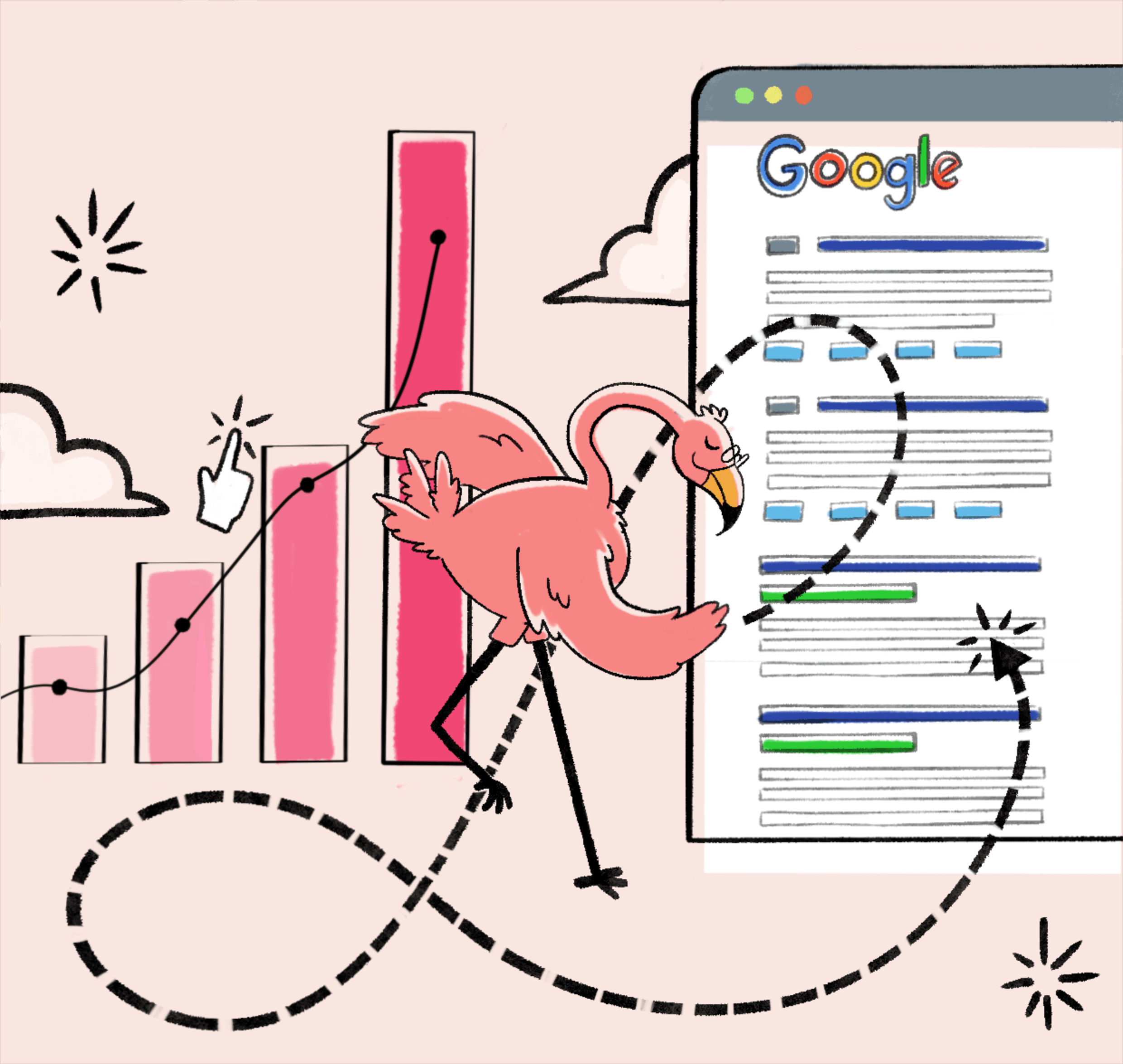 LinkGraph's flamingo looking at the top ranking SERP results to understand their average click-through-rates for each ranking position