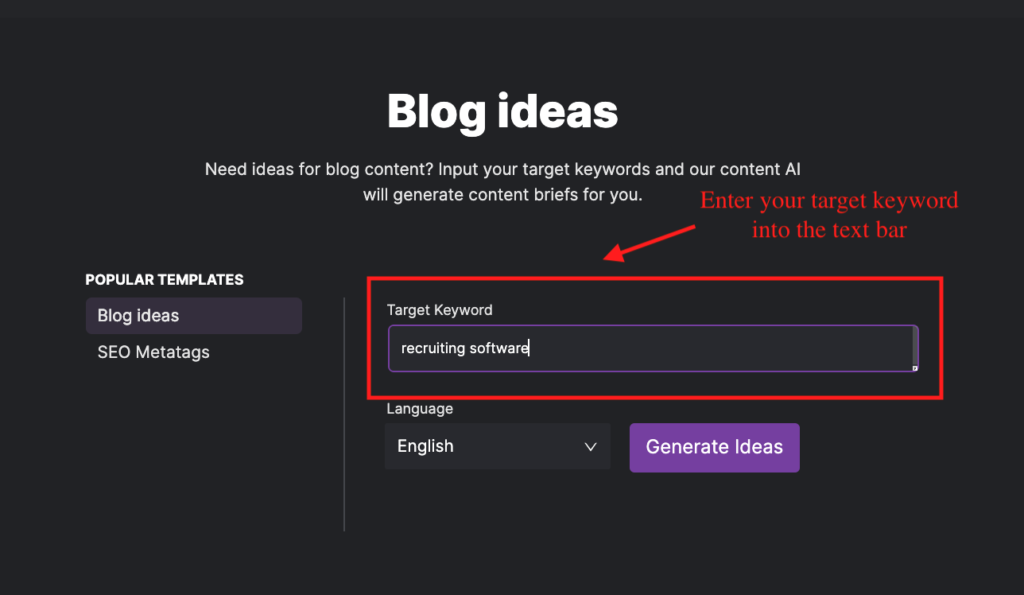 Blog Ideas tool from Search Atlas with red box around where the user enters the target keyword for their blog post