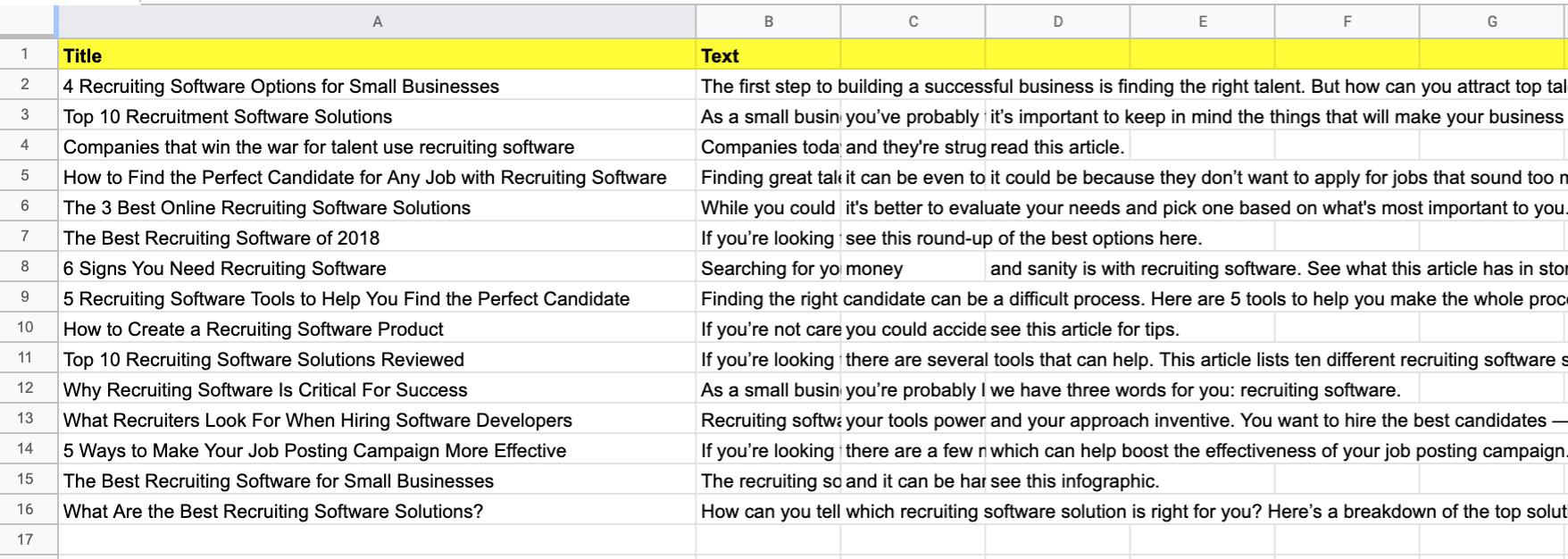 Excel spreadsheet of blog topic ideas exported from the blog ideas tool in Search Atlas