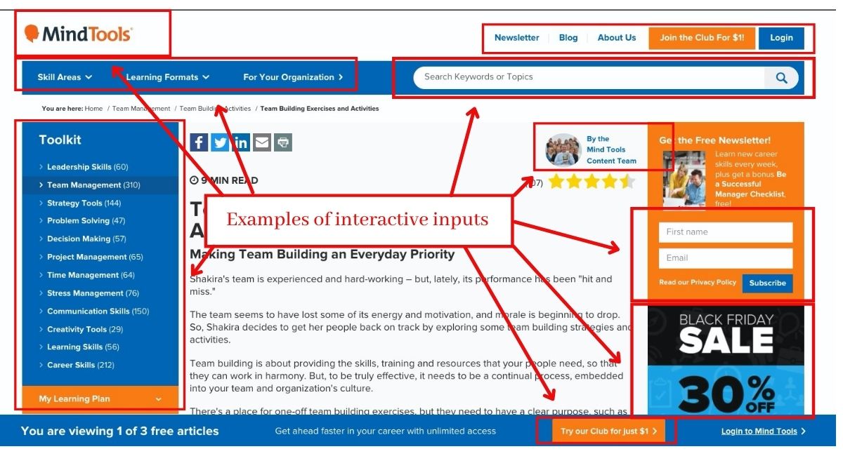 Website as example with interactive inputs highlighted