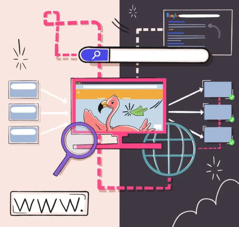 A website image featuring flamingos and a magnifying glass.