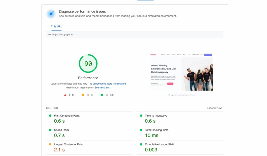 Screenshot of PageSpeed Insights report on linkgraph