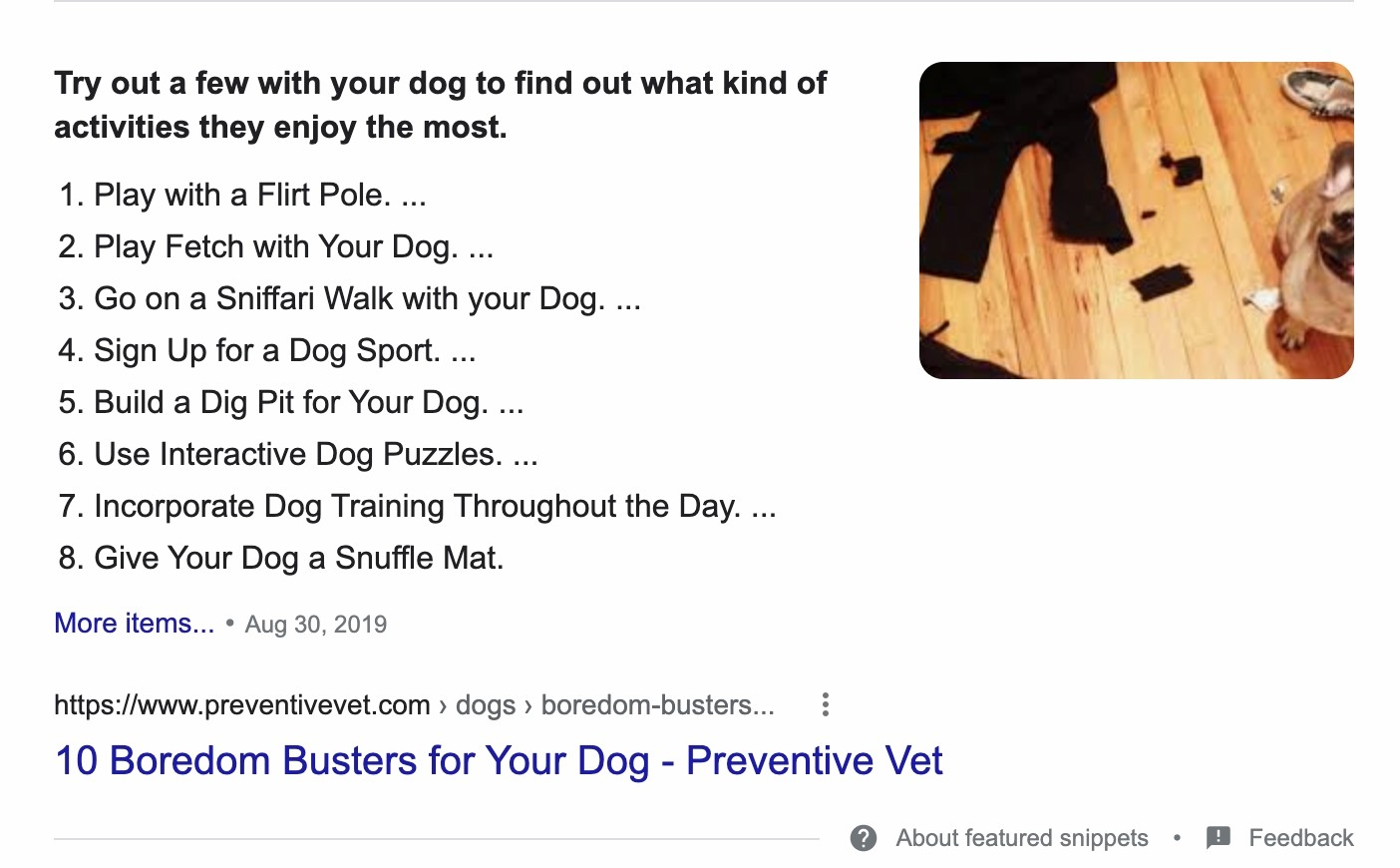 Screenshot of Google Search Results iwth a boredom busters list displayed from schema