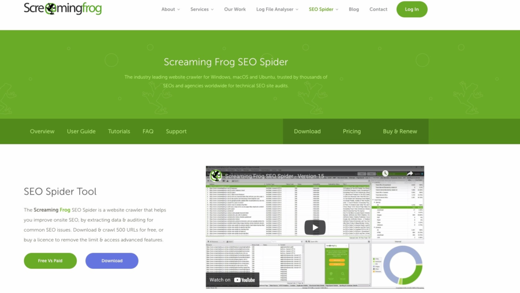 Screenshot of Screaming frog homepage