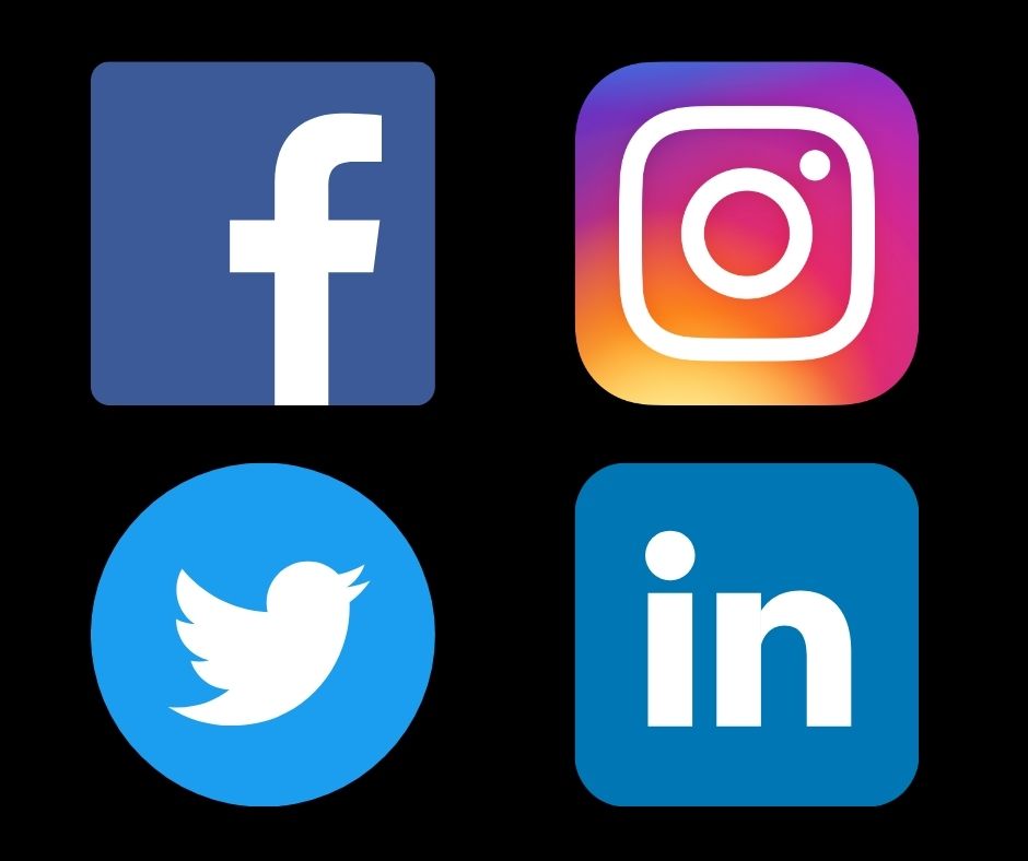 Social media logos on a black back ground from top left to bottom right: facebook, instagram, twitter, linkedin