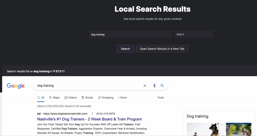example of local seo tool in search atlas with dog training searched in a zipcode