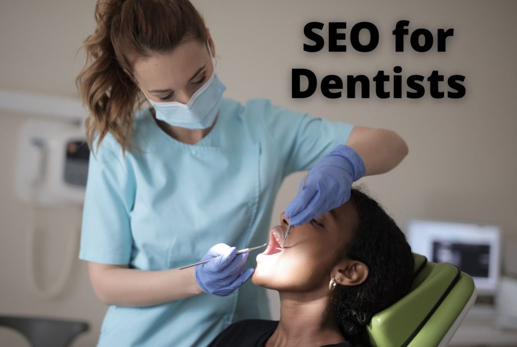 Female dentist looking at a patients mouth with the text SEO for dentists in the background