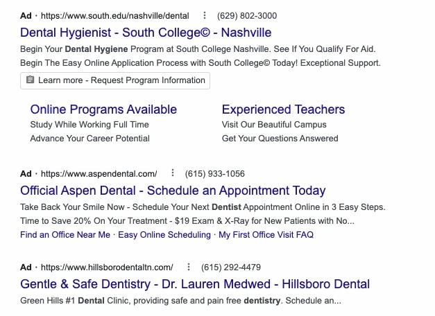 PPC ads of dentists offices