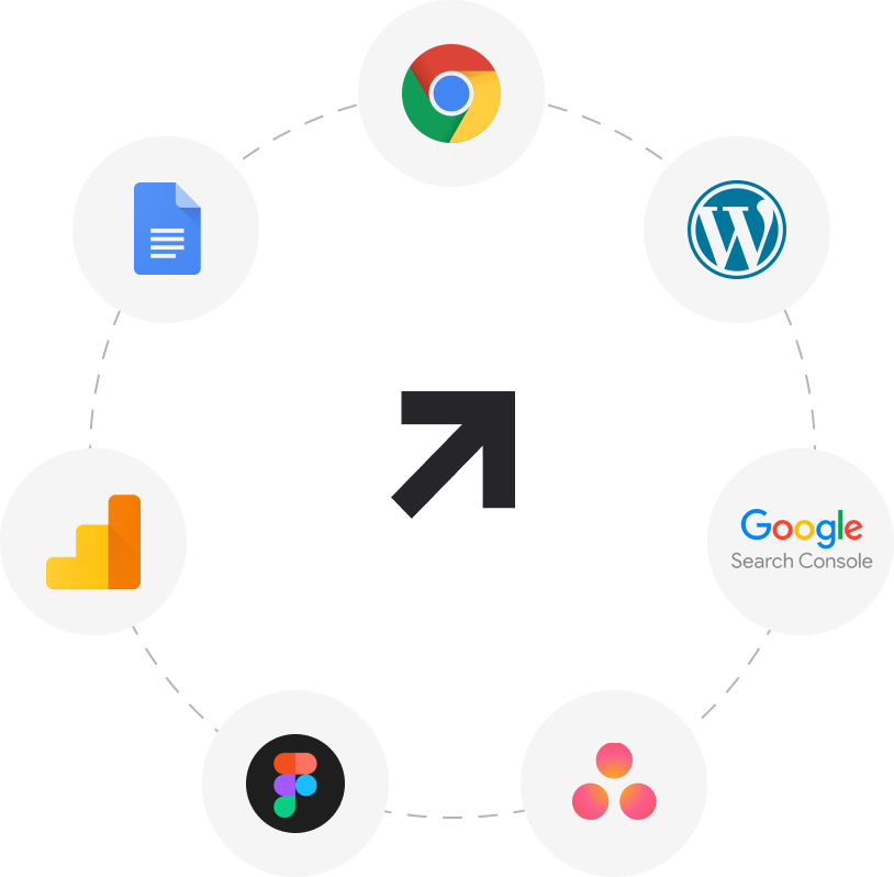 A circle with multiple icons from Google, Wordpress, and social media platforms.