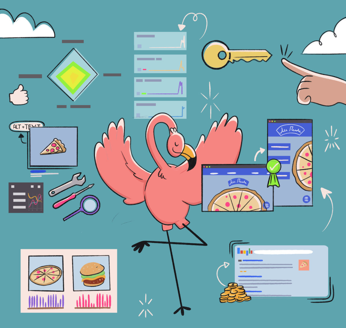 A flamingo surrounded by all of the elements of a successful SEO campaign, including a keyword, schema markup, page speed insights, and other SEO performance standards
