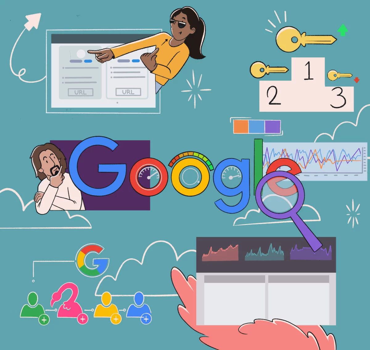 Illustration of diverse concepts related to online search and seo, featuring people interacting with digital elements and google branding.