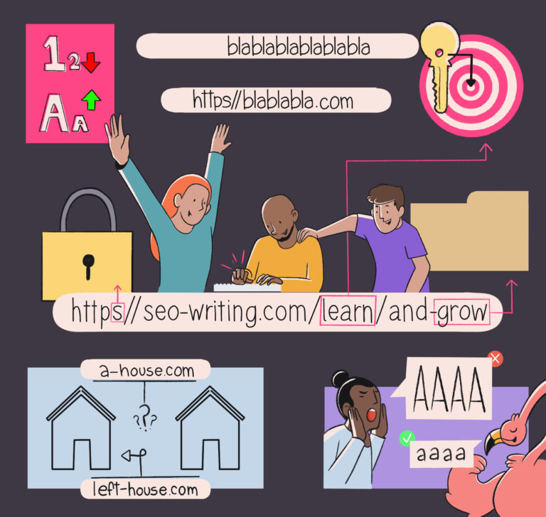 Illustration depicting various aspects of digital marketing and online content creation including seo, website domains, and analytics.