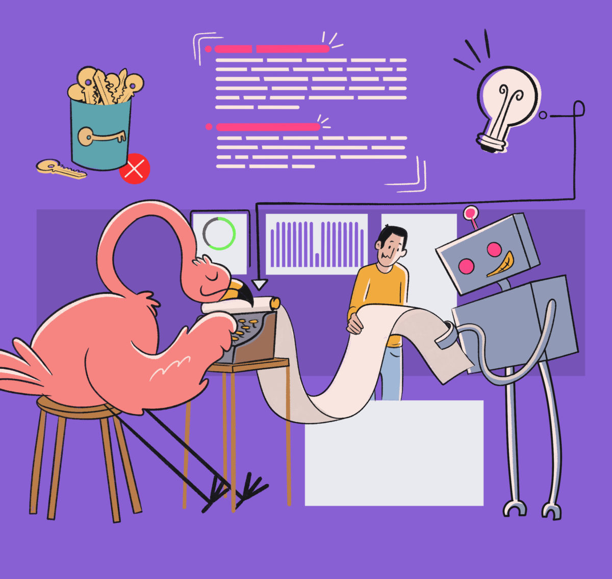 LinKGraph's Flamingo mascot sitting at a typewriter working on creating and SEO-friendly blog post that Google's robot is reading on the other side