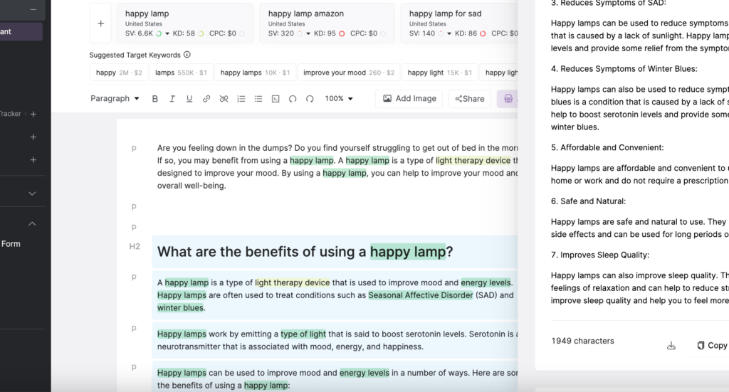 Screenshot of AI Generated Content in the SEO Content Assistant tool
