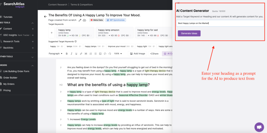 Screenshot of AI content generator in the SEO Content Assistant