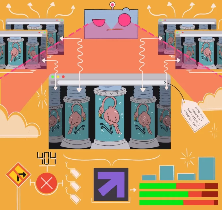 An illustrated scene of anthropomorphic computers and servers with faces, surrounded by various technology-related symbols and icons, set against an orange background.