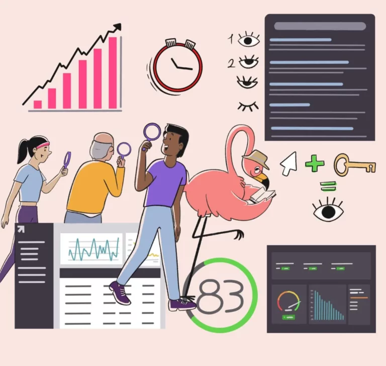 SEO professionals looking through looking through magnifying glasses in search of strategies to increase their search visibility