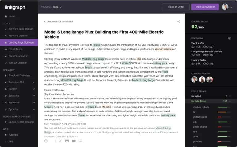 Tesla landing page content optimization example using LinkGraph's Landing Page Optimizer tool, showing a 92/100 overall SEO score and highlighted focus terms like “Model S Long Range” and “Tesla’s.”