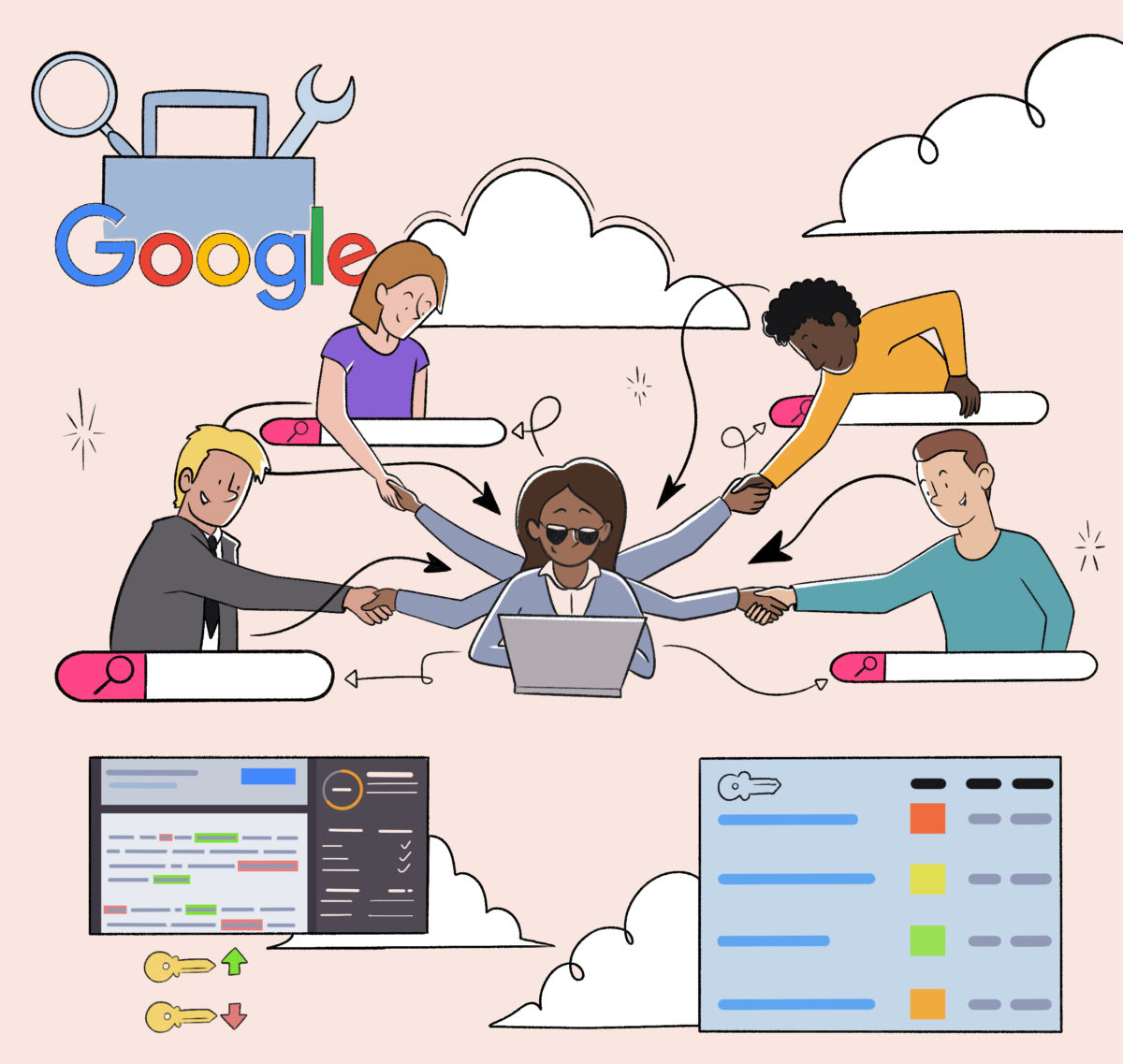 Illustration of a diverse group of people collaborating online using cloud technology and google services.