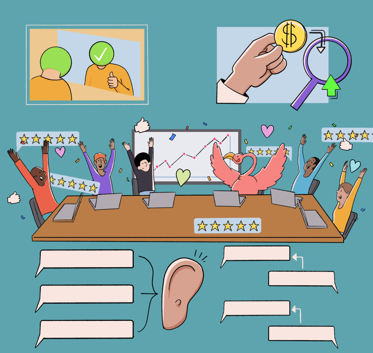 An illustration of a busy and dynamic office environment with multiple activities including collaboration, financial analysis, and employee motivation.
