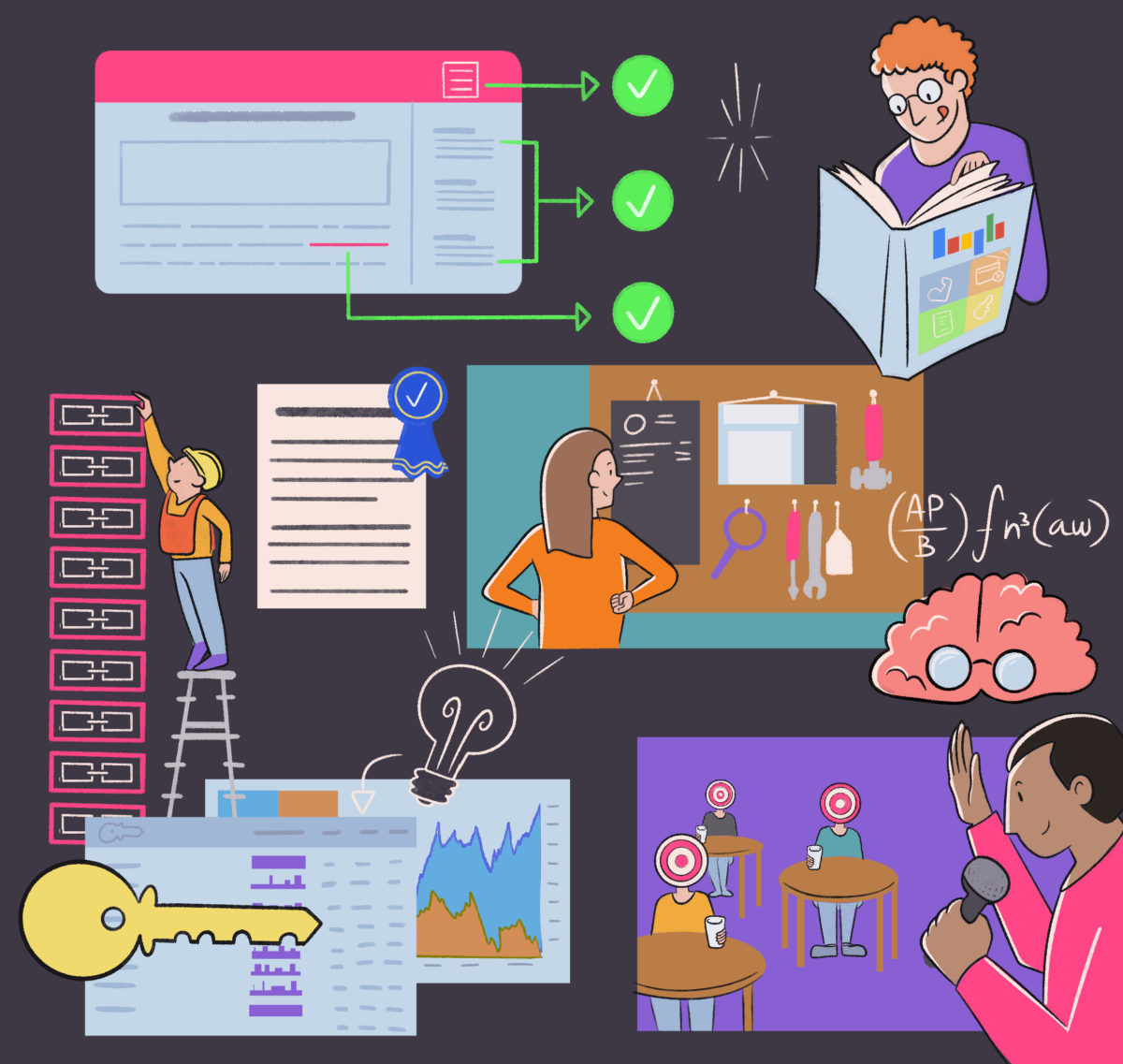 An illustration depicting various aspects of problem-solving and learning, including research, reading, brainstorming, analysis, and collaboration.