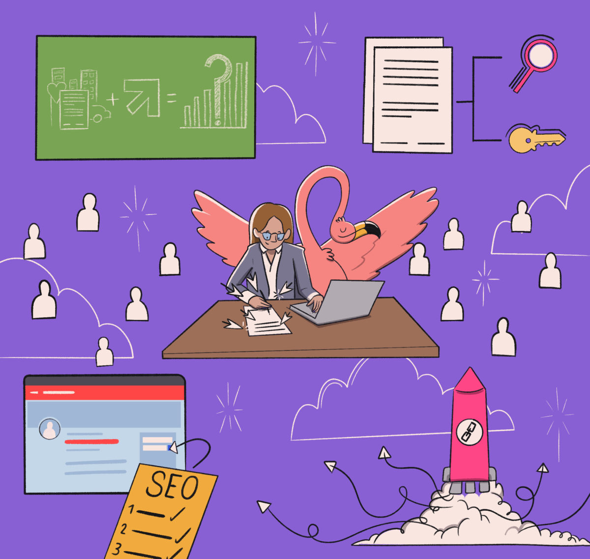A stylized graphic showing a person and a creature with wings working together at a desk, surrounded by various business and digital marketing icons.