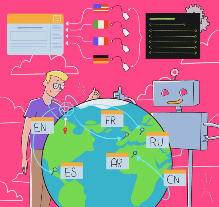 A person interacts with a globe labeled with various language abbreviations while a computer with facial features displays translated text.