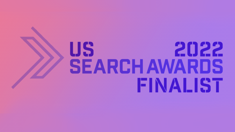 US Search Awards finalist logo on a purple background. Featuring the keywords "US Search Awards 2022" and "LinkGraph.