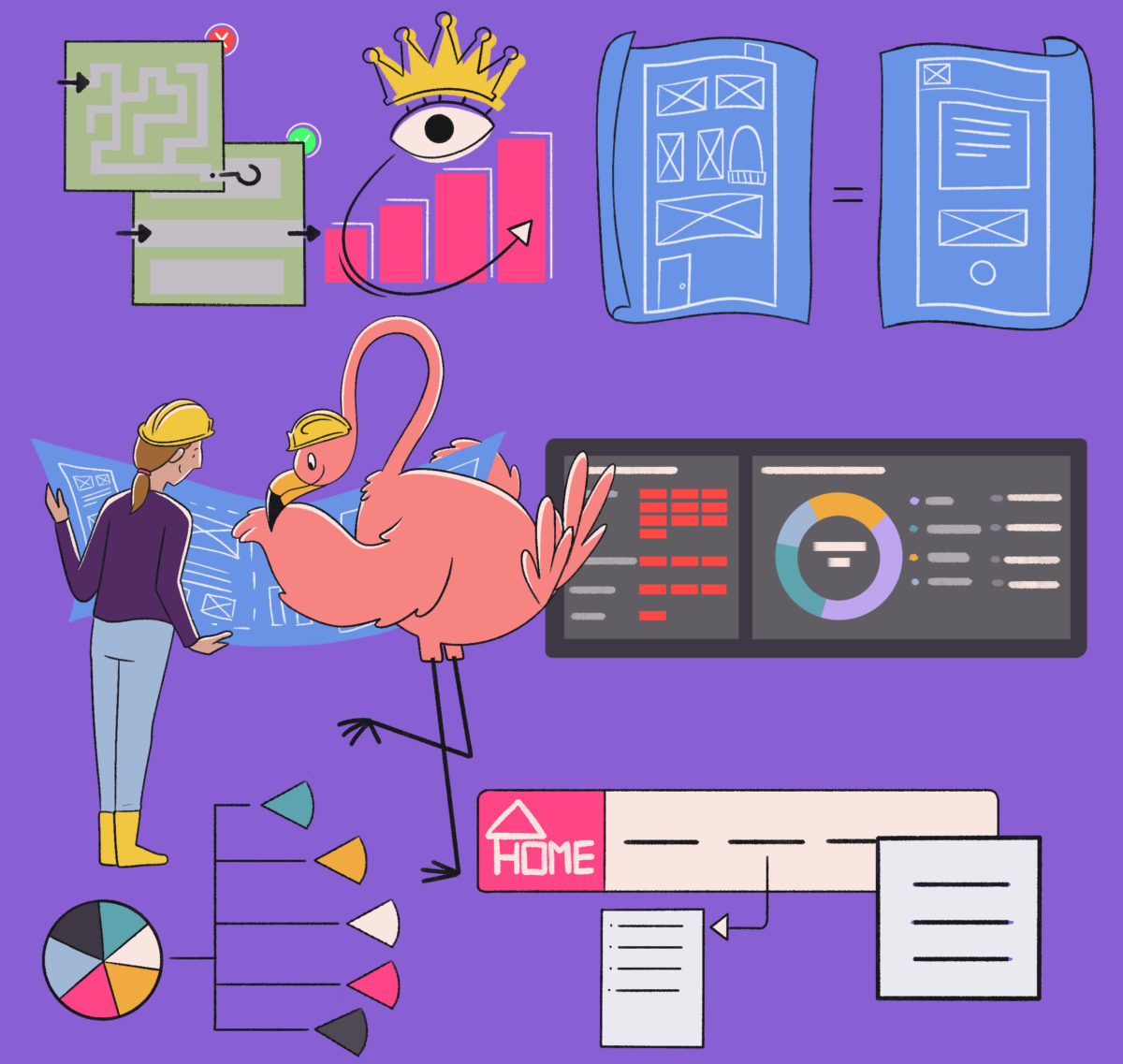 A colorful illustration featuring a variety of graphic and web design elements with a person inspecting a blueprint and a flamingo holding a magnifying glass.