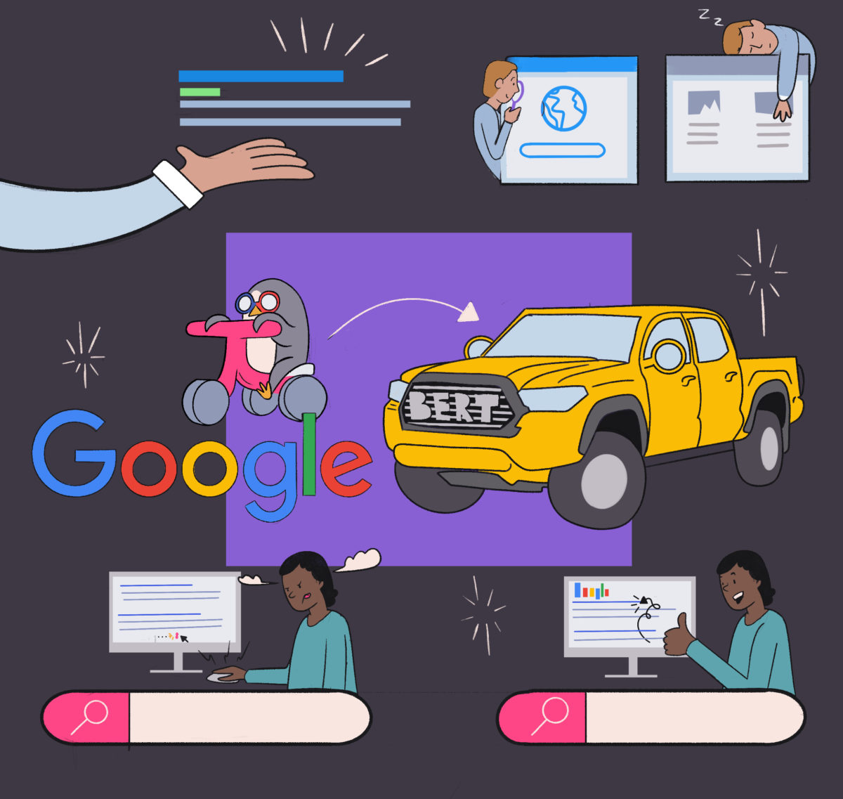 An illustrative collage featuring elements of modern work life, including google's logo, a pickup truck, individuals working on computers, and various business-related icons.