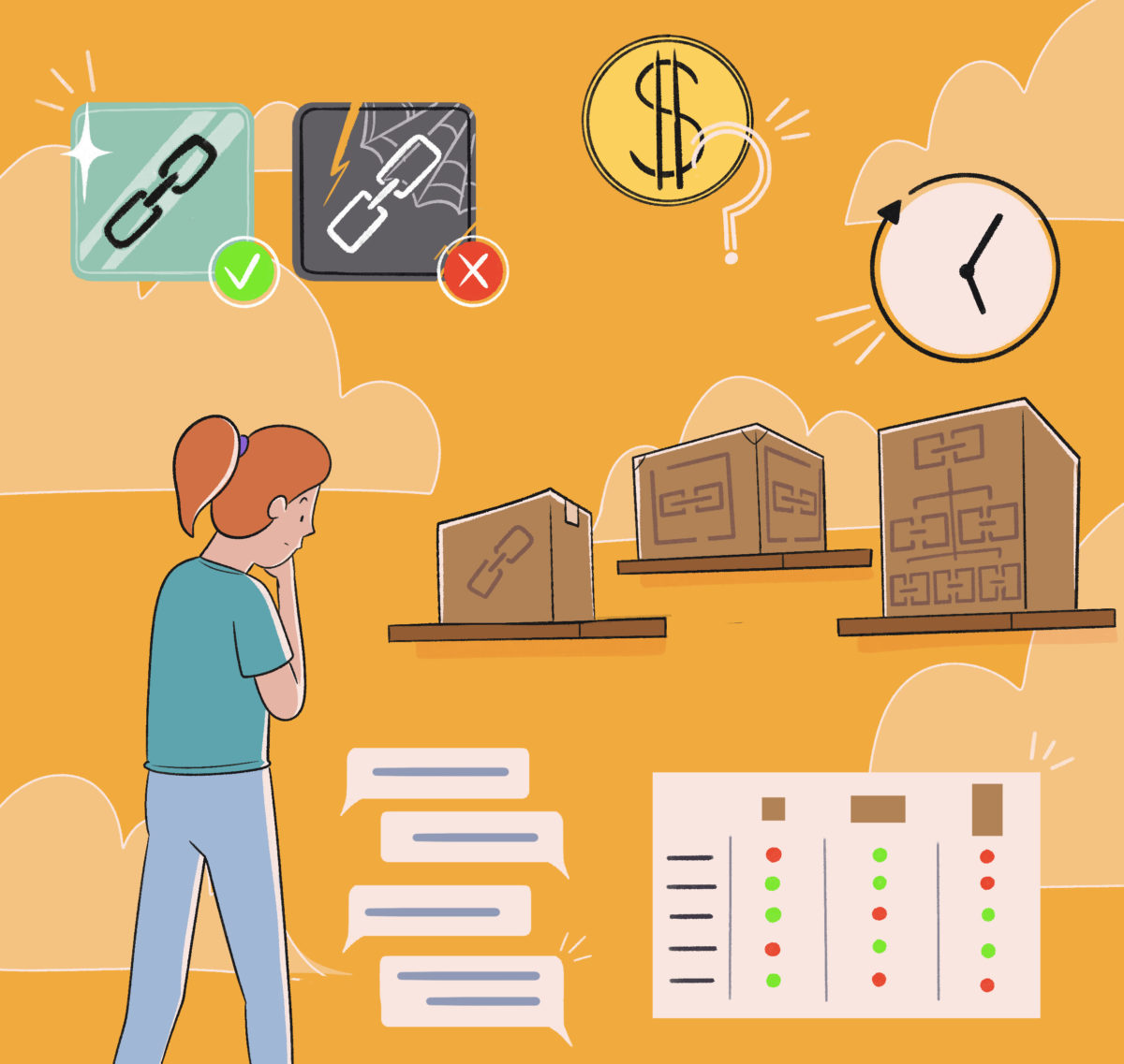 Illustration of a person contemplating different choices represented by symbols such as a checklist, a maze, a clock, money, and a document with review marks.