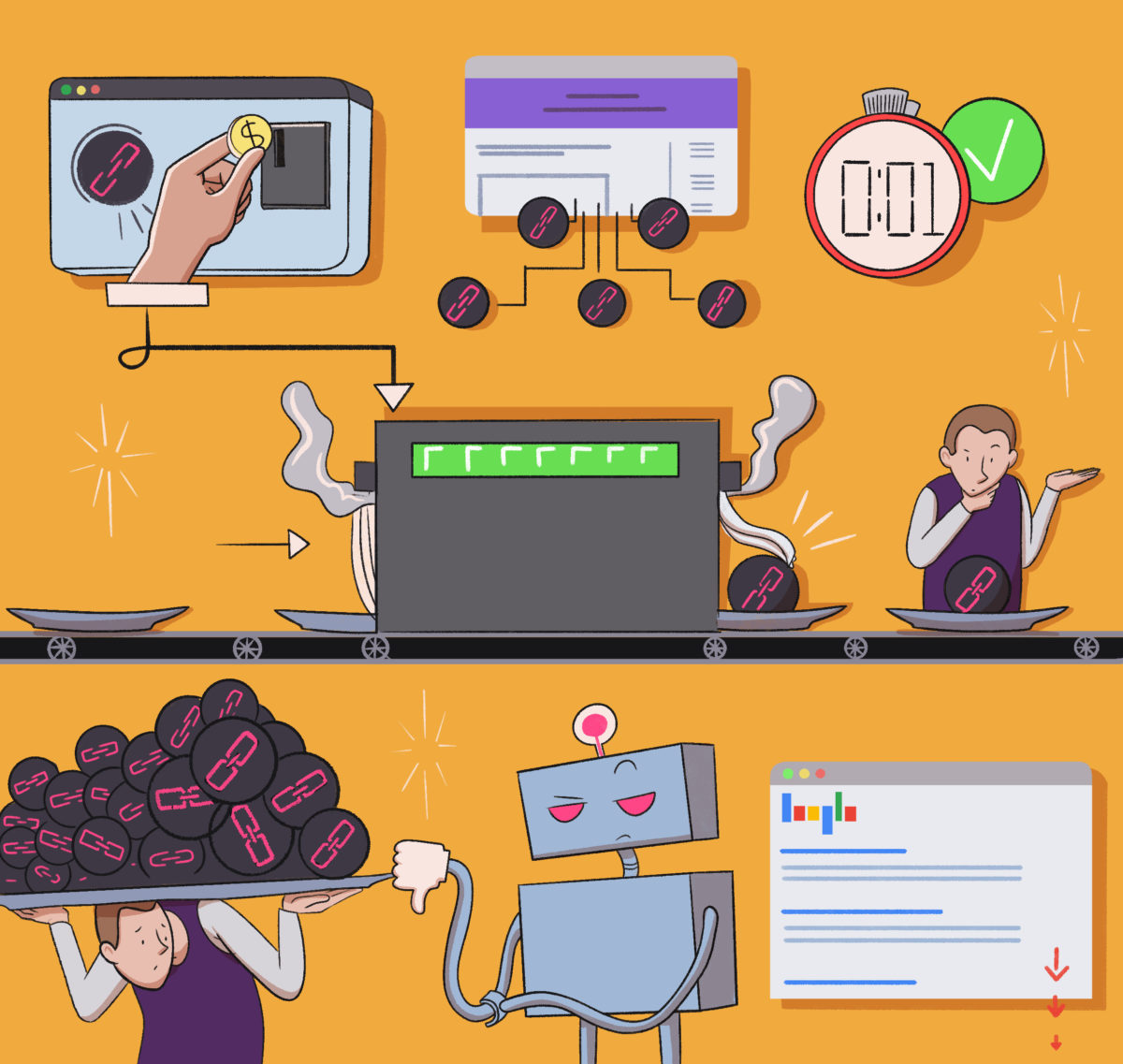 An illustration depicting the concept of website development and maintenance, symbolized by various stages and tasks like coding, testing, launching, bug fixing, and monitoring, represented in a whimsical, assembly line format.